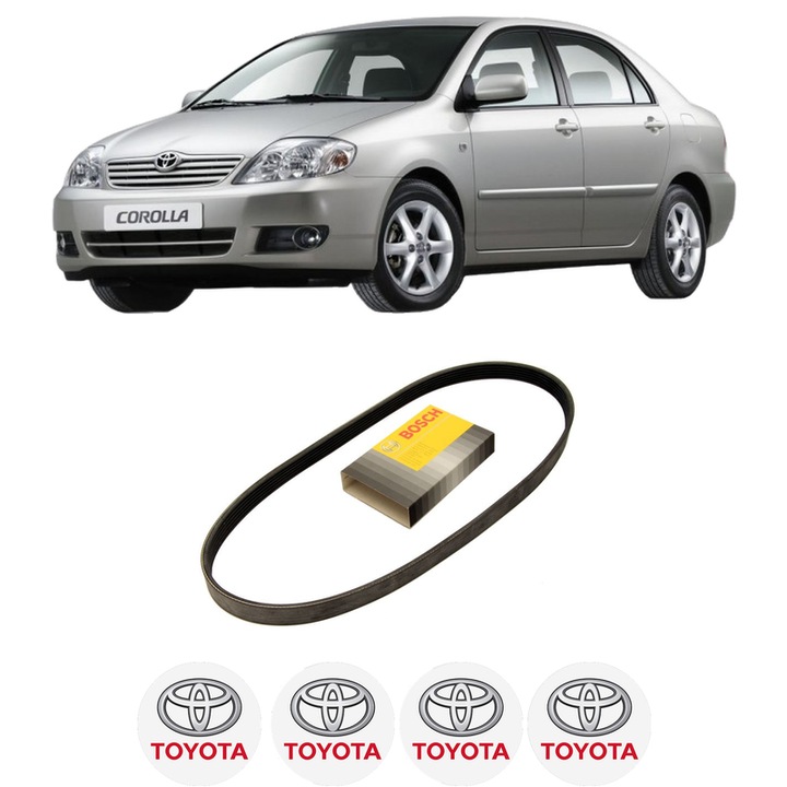 Curea transmisie accesorii TOYOTA COROLLA Saloon (_E12_) 1.4 VVT-i (ZZE120_, ZZE120R) din 2001-2006, auto, Bosch, 4x Stickere auto cu TOYOTA