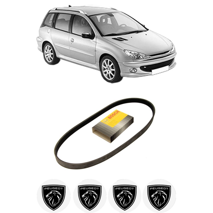 Curea transmisie accesorii PEUGEOT 206 SW (2E/K) 1.1 din 2002-2007, auto, Bosch, 4x Stickere auto cu PEUGEOT