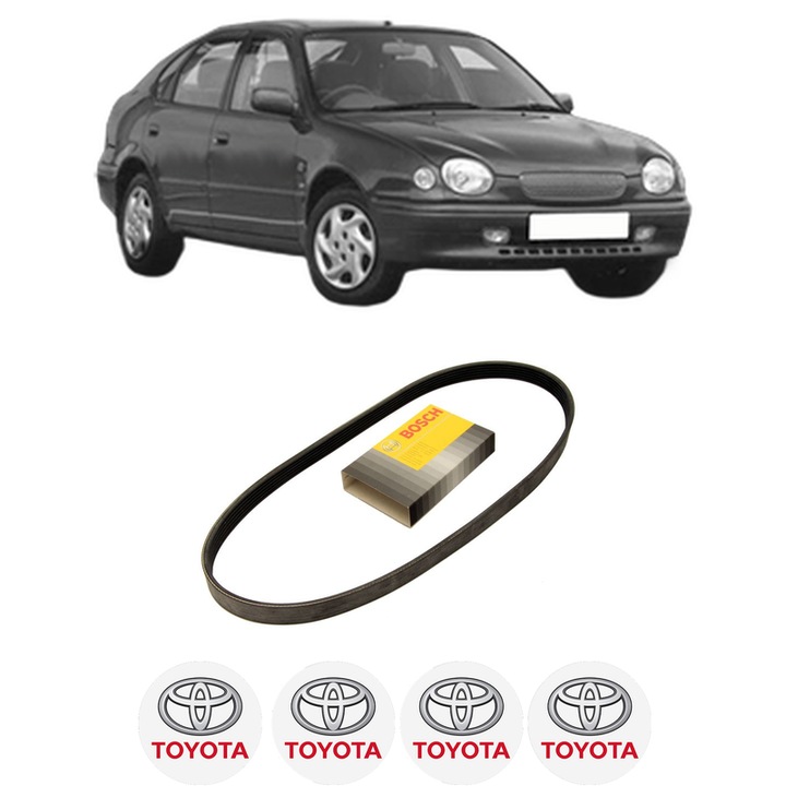Curea transmisie accesorii TOYOTA COROLLA Liftback (_E11_) 1.4 (ZZE111_, ZZE111R) din 1999-2002, auto, Bosch, 4x Stickere auto cu TOYOTA