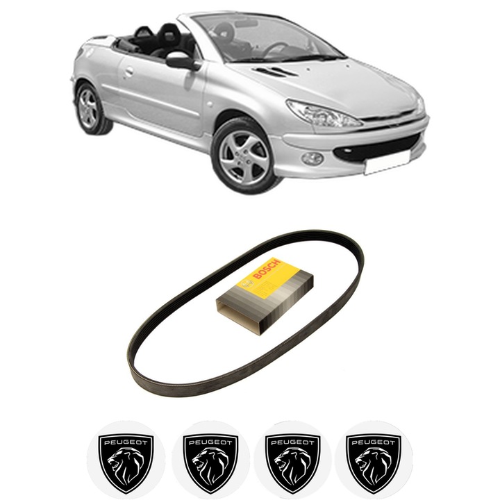 Curea transmisie accesorii PEUGEOT 206 CC (2D) 1.6 16V (2DNFUF, 2DNFUR) din 2000-2007, auto, Bosch, 4x Stickere auto cu PEUGEOT
