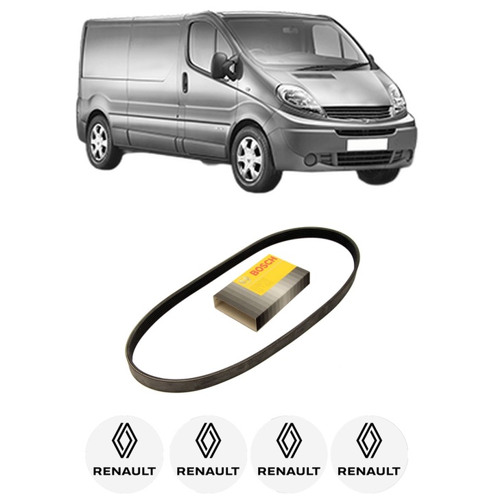 Curea transmisie accesorii RENAULT TRAFIC II Van (FL) 2.0 16V (FL0L, FL0N, FL0W, FL02) din 2006, auto, Bosch, 4x Stickere auto cu RENAULT