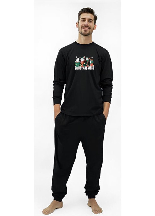 Férfi pizsama karácsonyi kávé mintával, Fekete