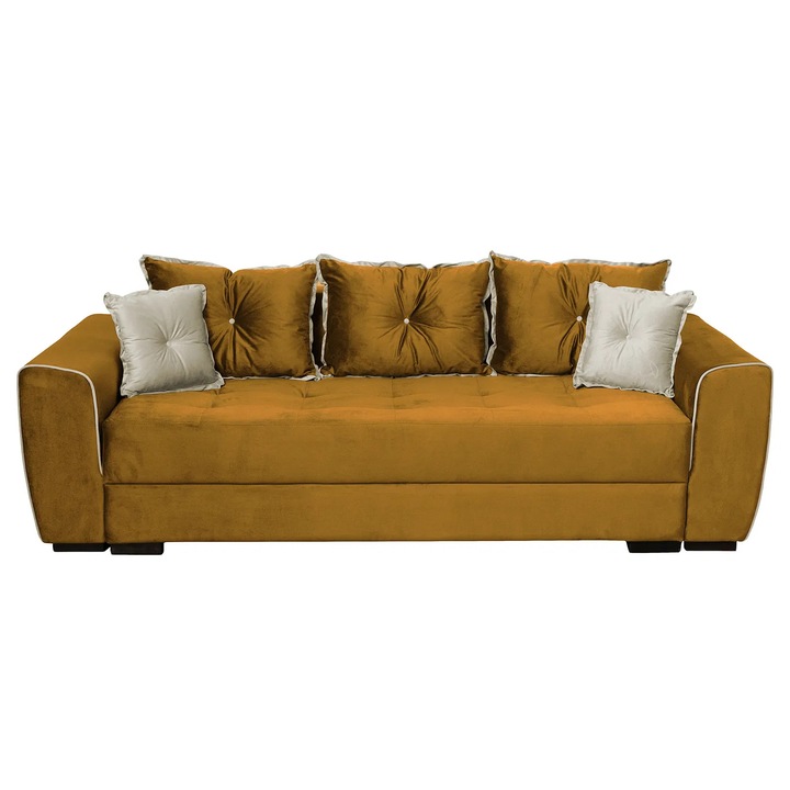 Canapea extensibila Expomob VERA, 3 locuri, cu arcuri si lada depozitare, dimensiune 245x110x80 cm, culoare mustar + crem