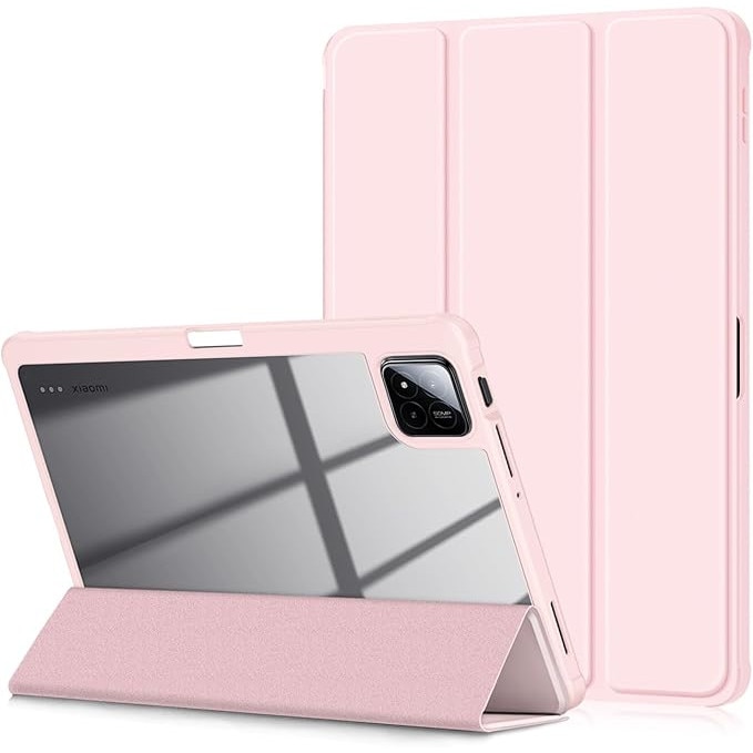 Husa Sigloo pentru tableta Xiaomi Pad 6S Pro 12.4' (2024) – Slim, Tri-Fold Magnetic, Piele Ecologica, Antisoc, Spate transparent – Roz
