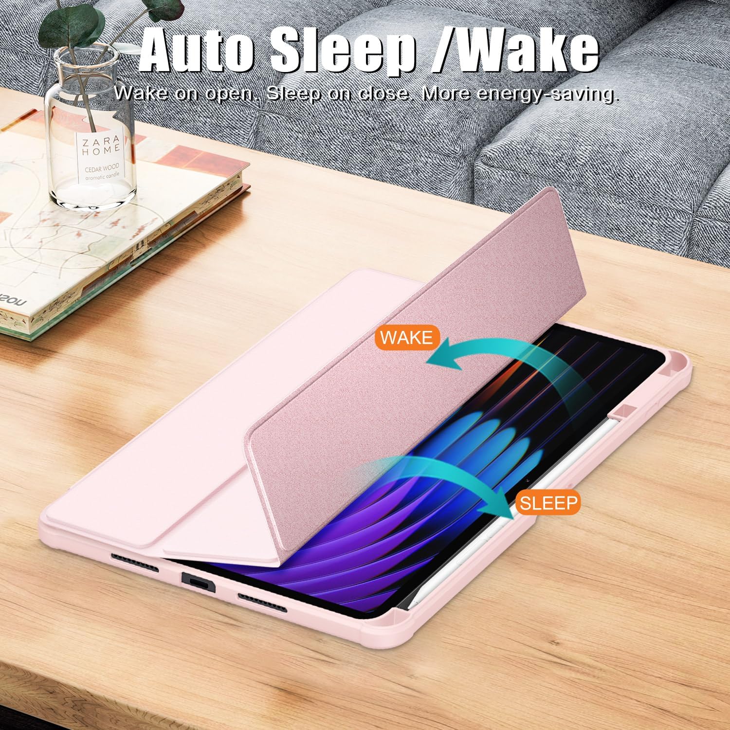 Husa Sigloo pentru tableta Xiaomi Pad 6S Pro 12.4' (2024) – Slim, Tri-Fold Magnetic, Piele Ecologica, Antisoc, Spate transparent – Roz