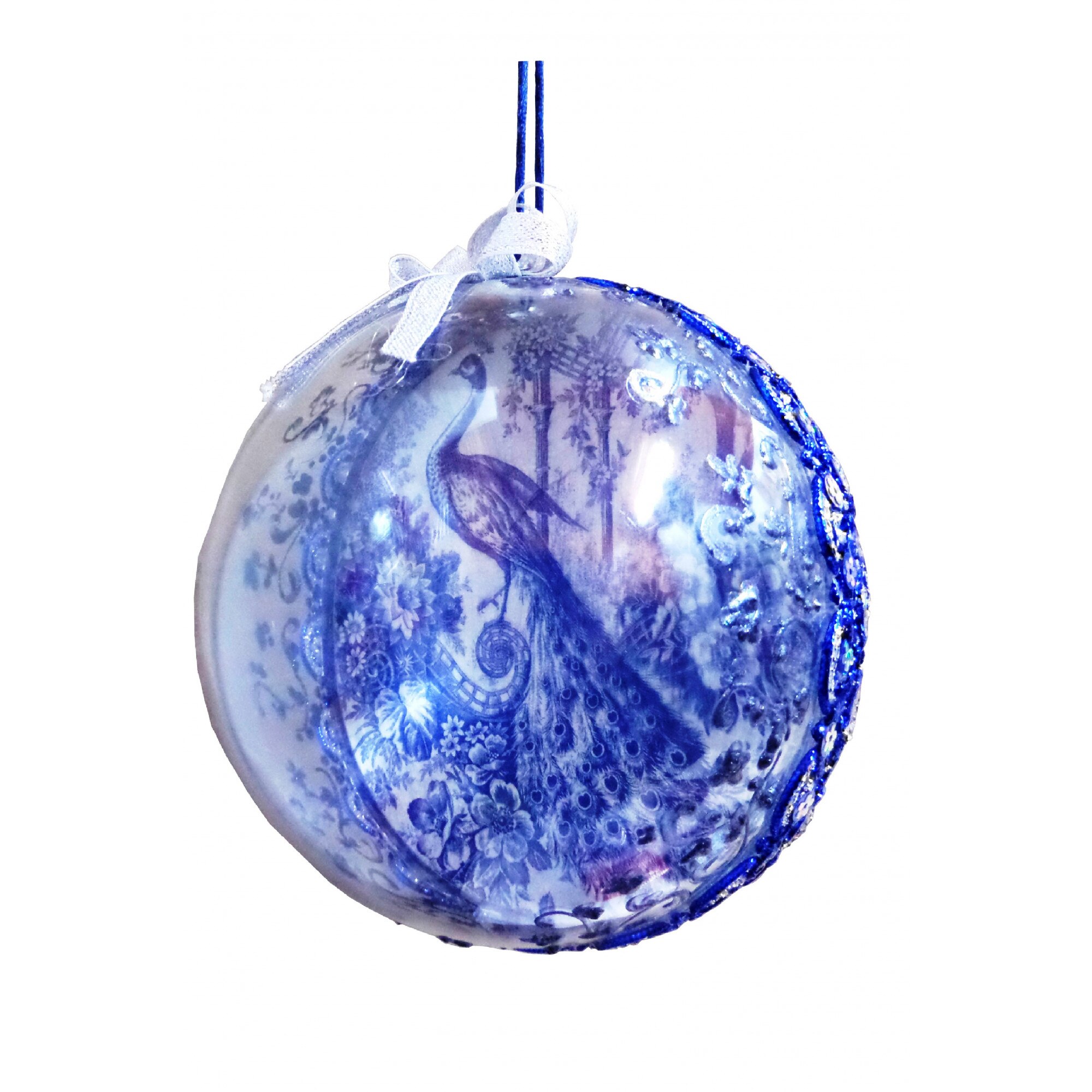 Glob Brad Craciun de 14 cm Blue Delft Peacock