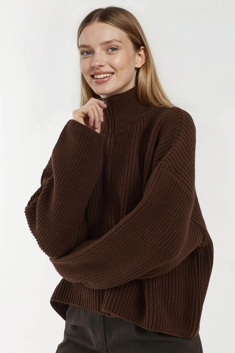 Cardigan tricotat, HiCCUP, croiala lejera, fermoar, tricot, Maro cafea, Maro