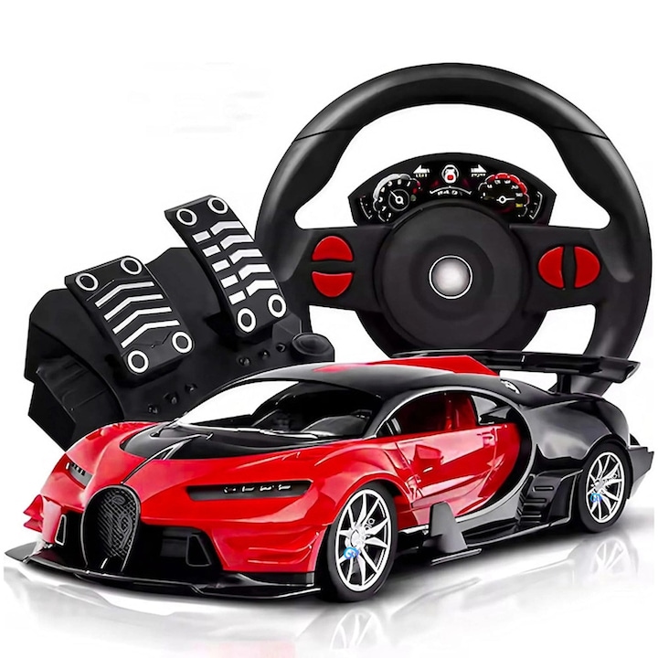Masinuta cu telecomanda, model Bugatti Chiron cu volan si pedale, scara 1:16, functii interactive, pentru copii, simulator condus, Rosu