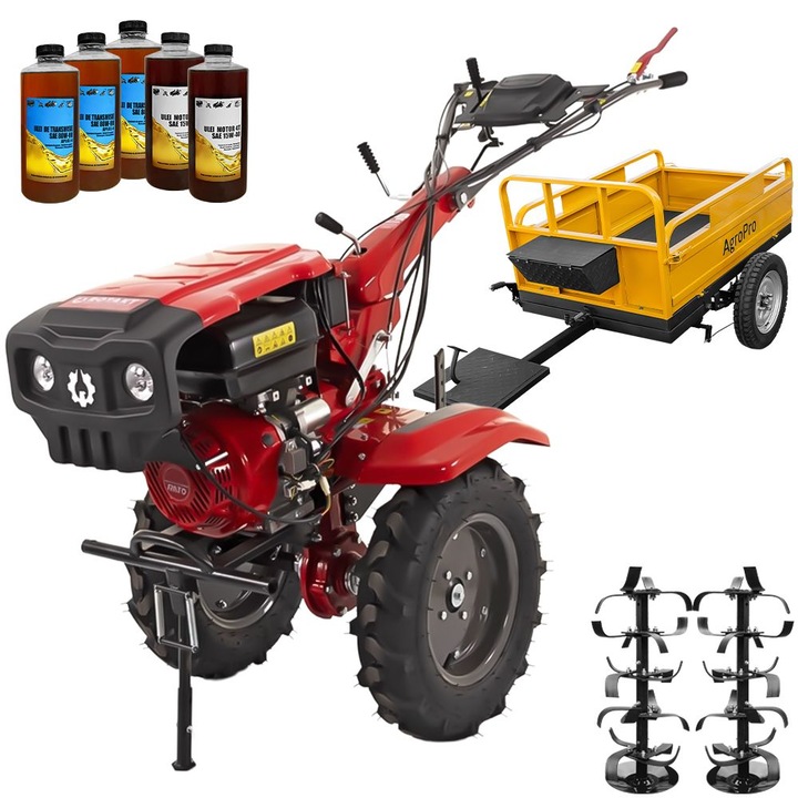 Motocultor Rotakt Apollo RO13R-2P, motor 13 CP, benzina, 2+1 viteze, latime lucru 56-135 cm, freze, roti cauciuc 5.00-12", 2 prize putere, remorca, 5l ulei