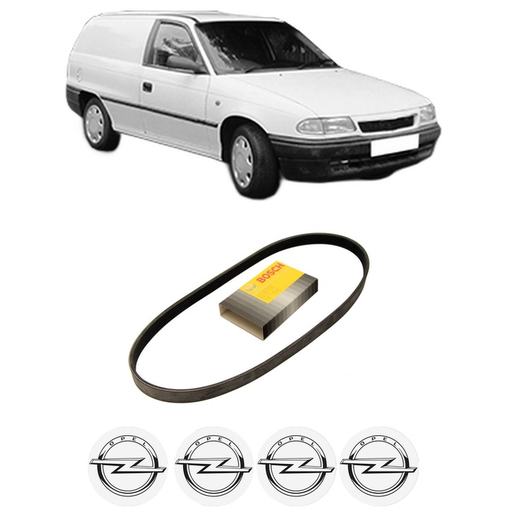 Curea transmisie accesorii OPEL ASTRA F Estate Van (T92) 1.6 i (F70) din 1991-1998, auto, Bosch, 4x Stickere auto cu OPEL