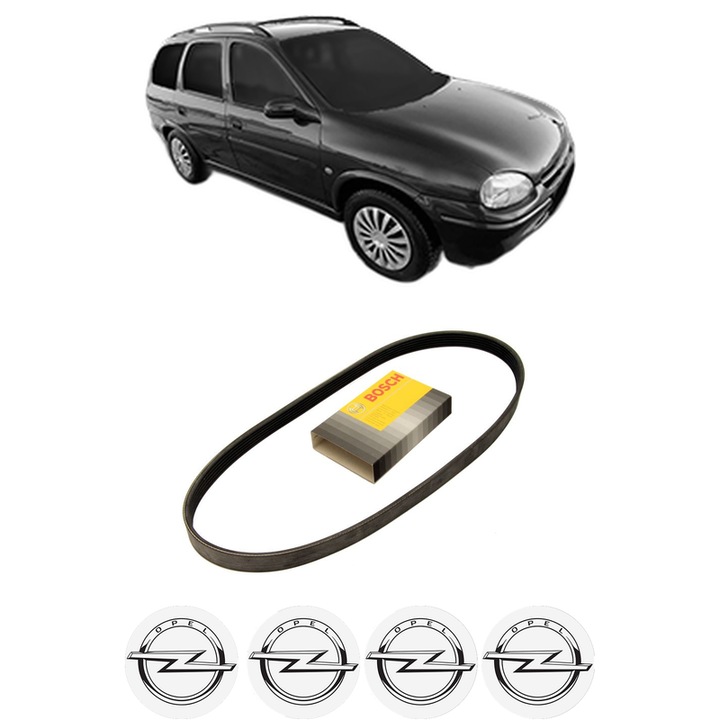 Curea transmisie accesorii OPEL CORSA B Estate (S93) 1.4 i 16V (F35) din 1999-2002, auto, Bosch, 4x Stickere auto cu OPEL