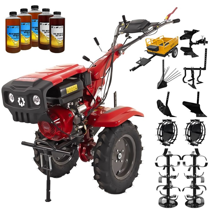 Motocultor Rotakt Apollo RO13R-2P, motor 13 CP, benzina, 2+1 viteze, latime lucru 56-135 cm, freze, roti cauciuc 5.00-12", 2 prize putere, roti metal, plug arat, rarita reglabila, plug cartofi, cultivator, plug reversibil, remorca, 5l ulei