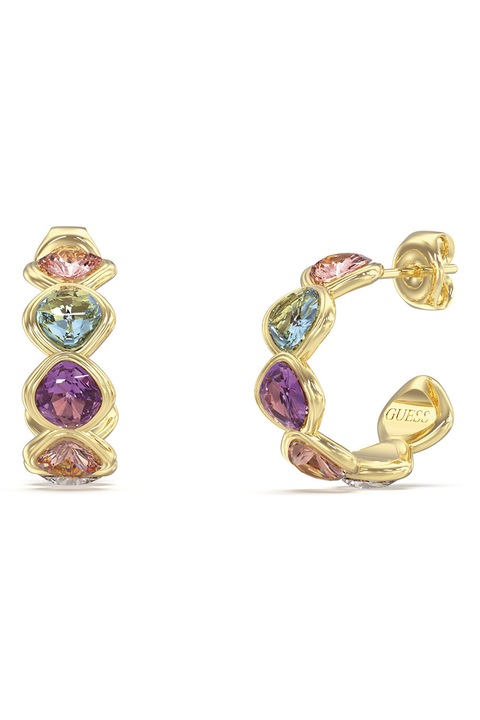 GUESS, Cercei din otel inoxidabil decorati cu cristale, Auriu, Violet, Roz