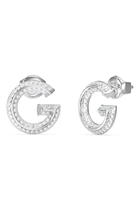 GUESS, Cercei cu tija in forma de G din otel inoxidabil cu cristale, Argintiu