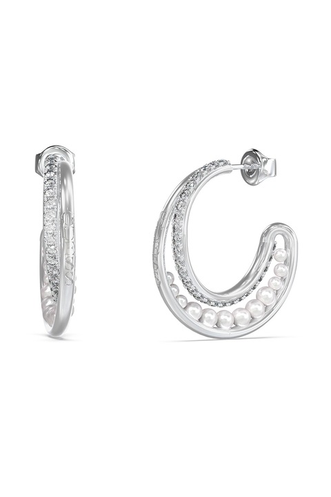 GUESS, Tiny Pearly kerek fülbevaló kristályokkal és gyöngyökkel, Ezüstszín