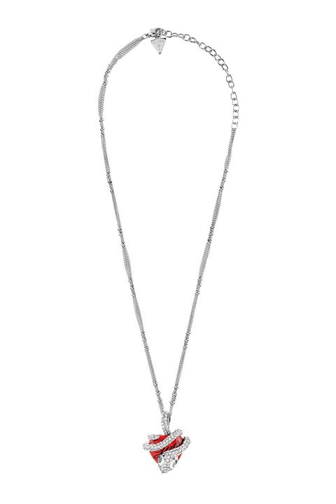 GUESS, Колие от неръждаема стомана с висулка с кристали, Червен, Сребрист