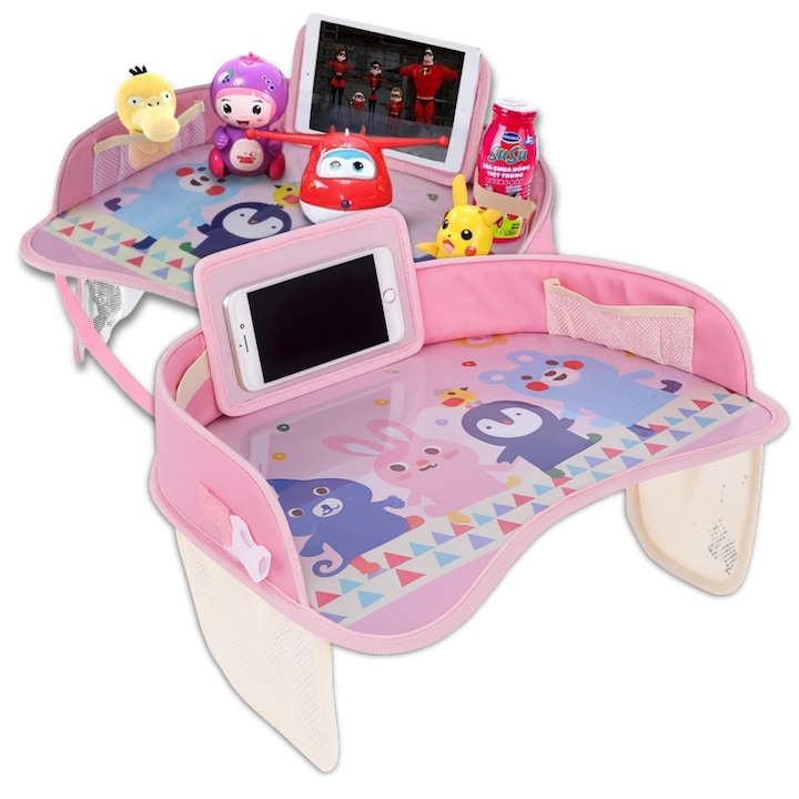 Masa de calatorie auto pentru copii Edibazzar, tava portabila si organizator scaun masina cu suport tableta, buzunare depozitare, suprafata impermeabila pentru desen, joaca, mancat, roz, 42x32cm