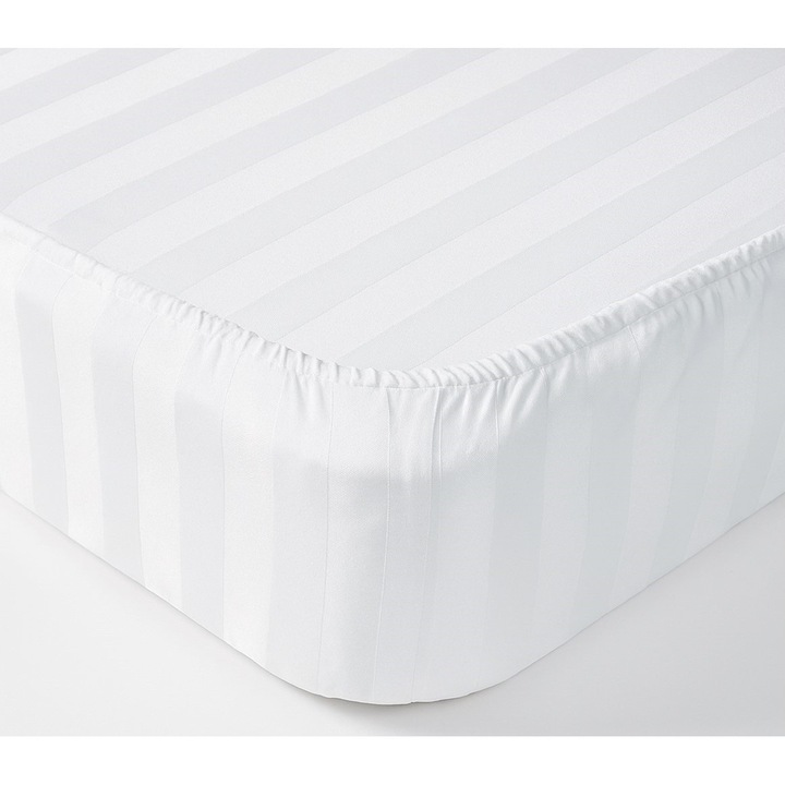 Чаршаф с ластик от премиум дамаска, безупречно бял, широки райета, 100% памук, плътност 180 грама/м², за матрак 80x200