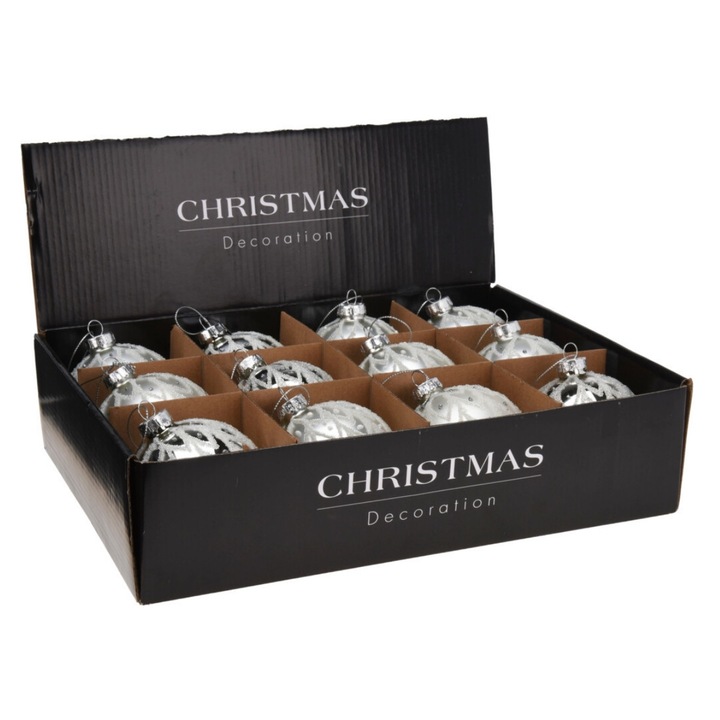 Set 12 globuri din sticla, Argintiu, 8 cm