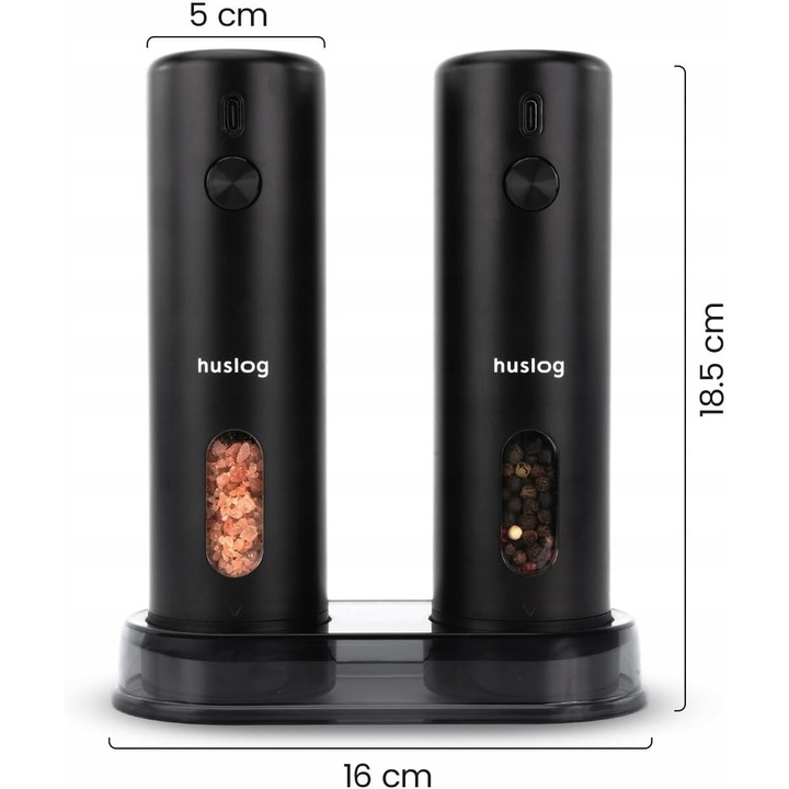 Set de 2 rasnite electrice de condimente pentru sare, piper, chili, ierburi aromatice – Reincarcabila prin USB-C cu LED, suport si perie de curatare, (110 ml)