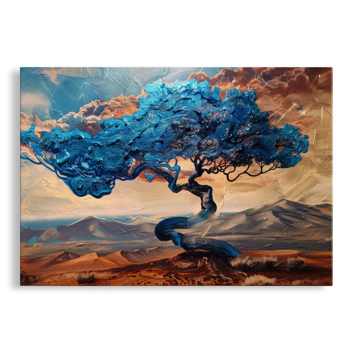 Tablou Canvas Abstract, Copacul Vietii in Desert, Tonuri de Albastru, 80x120 cm
