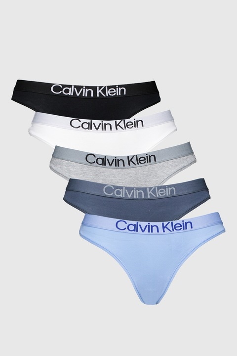CALVIN KLEIN, Танга с лого на талията - 5 чифта, Черен/Сив меланж/Син