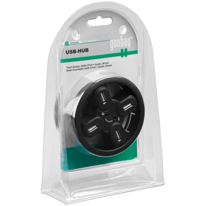 HUB USB 2.0 Goobay, 4 porturi, iesiri audio, montabil in birou