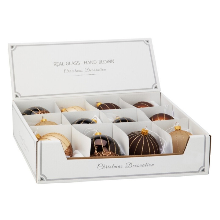 Set 12 globuri din sticla, Christmas Decoration, maro si crem cu sclipici aramiu, 8 cm