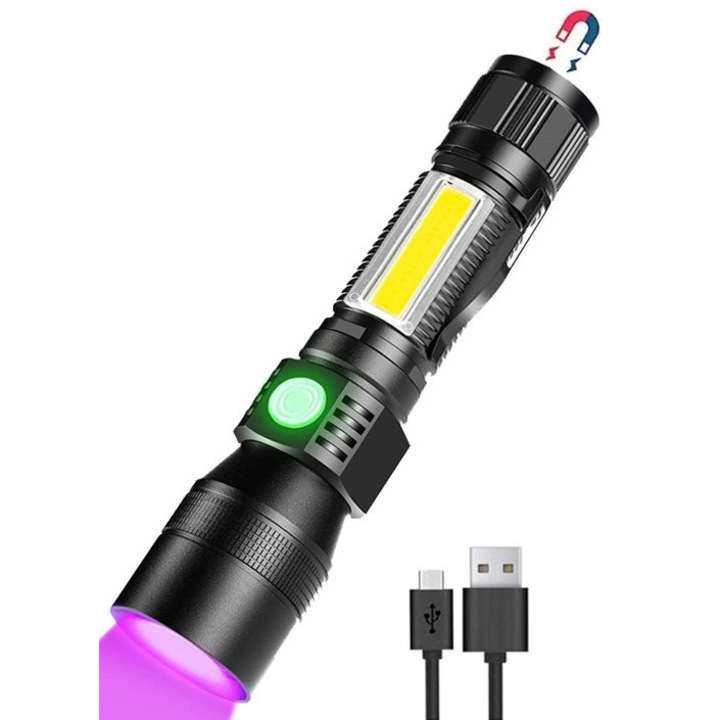 Lanterna UV Yingyun®, 1800lm, 7 режима на осветление, регулируем фокус, IP65 водоустойчива, USB зареждане, за къмпинг, туризъм, оцеляване, проучване и извънредни ситуации, черна