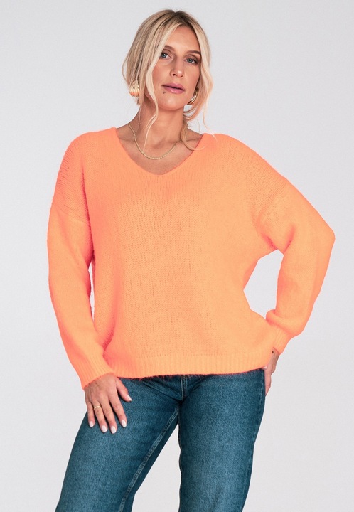 Дамски пуловер, Figl, овърсайз, V-образно деколте, оранжев, лека материя, акрил