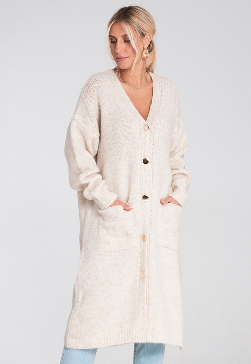 Cardigan lung Figl, bej, tricotat, cu nasturi, croiala supradimensionata, buzunare