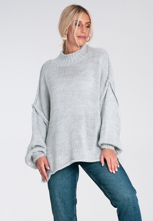 Уголемен пуловер Figl, буфан ръкави, акрилна плетка, за жени, Сив