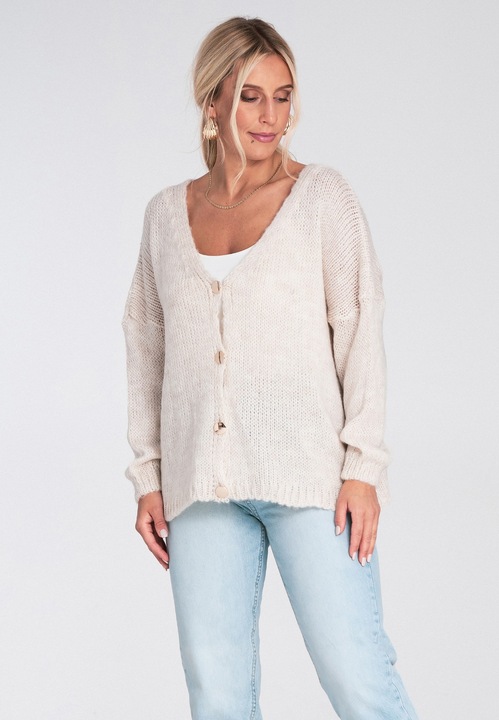 Cardigan scurt dama, Figl, pulover cu nasturi decorativi, bej, material tricotat, poliester