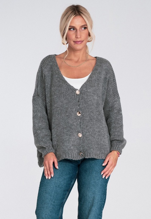 Жилетка Figl, сива, плетена, с копчета, свободна кройка, за ежедневни поводи