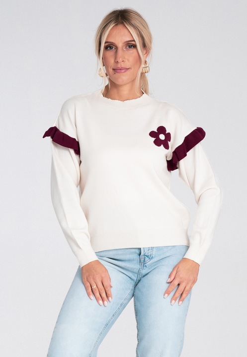 Дамски пуловер Figl екрю с волани и флорални апликации, плетена вискоза