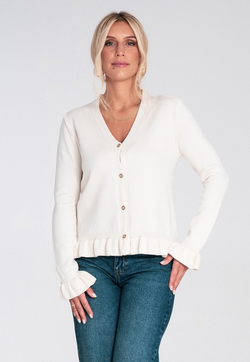 Дамски пуловер, Figl, екрю, волани, V-образно деколте, мека вискозна плетка