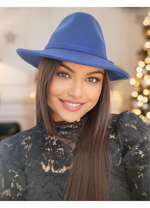 Palarie dama Confortino Miss Italy, fetru italian 100% lana, albastra, marime unica reglabila, dimensiuni 30x26x14cm