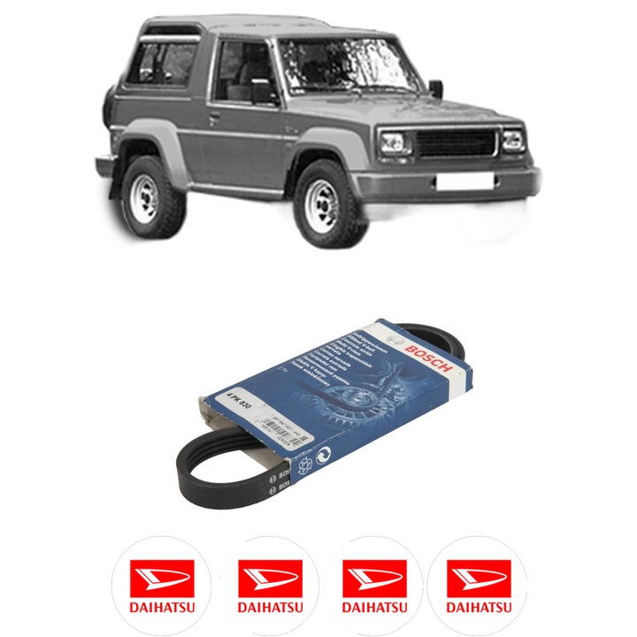 Curea transmisie accesorii DAIHATSU ROCKY Hard Top (F7, F8) 2.0 4x4 (F70, F75, F80, F85) din 1985-1993, auto, Bosch, 4x Stickere auto cu DAIHATSU