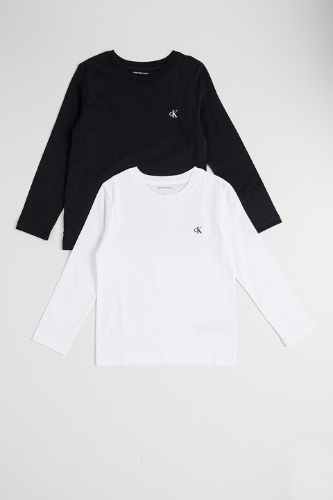 CALVIN KLEIN, Set de bluze din bumbac cu decolteu la baza gatului - 2 piese, Alb/Negru
