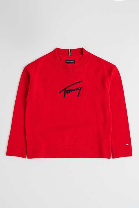 Tommy Hilfiger, Pulover de bumbac organic cu logo, Rosu