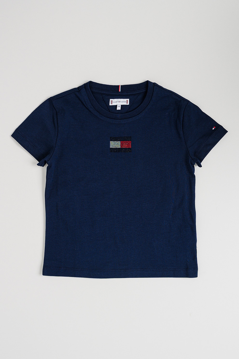 Tommy Hilfiger, Tricou cu logo din strasuri, Argintiu, Bleumarin, 152 CM