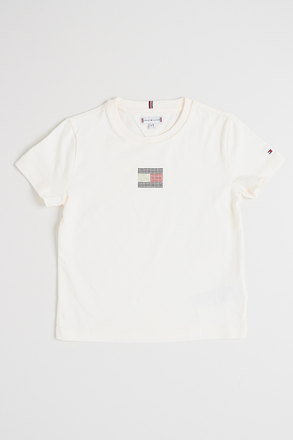 Tommy Hilfiger, Tricou cu logo din strasuri, Alb fildes, Argintiu, 166 CM