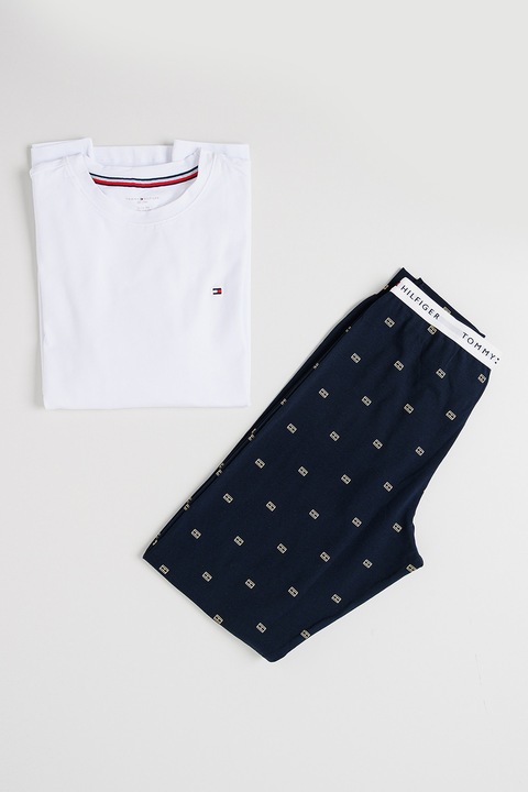 Tommy Hilfiger, Pijama din amestec de bumbac cu pantaloni lungi, Alb/Bleumarin, 152-164 CM