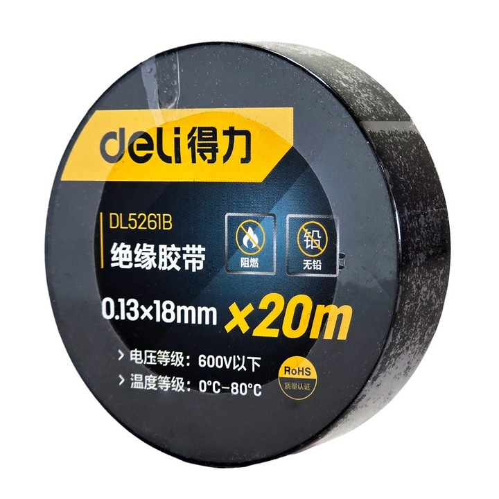 Banda izolatoare de inalta rezistenta DELI DL5261B, 18mm x 20m, neagra