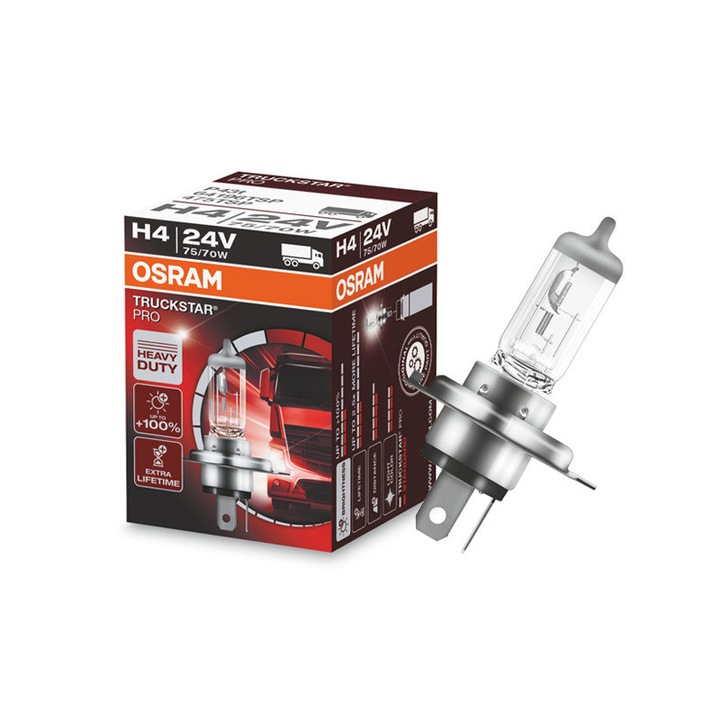 Bec auto cu halogen Osram, H4, Truckstar Pro, Pentru camioane, 24V, 75/70W, P43t