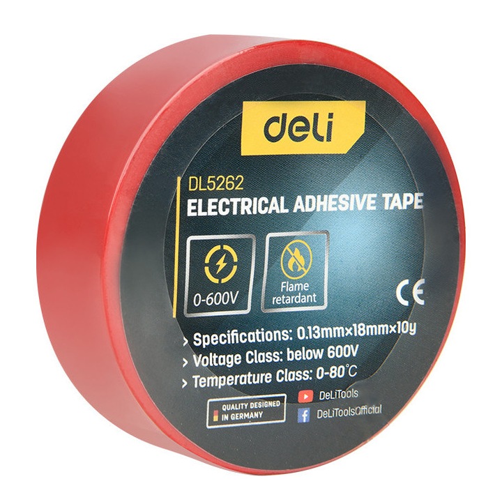 Banda izolatoare de inalta rezistenta DELI DL5262, 18 mm x 9,15 m, rosie