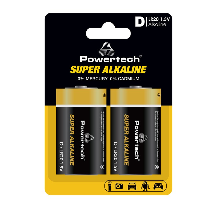 Baterii POWERTECH Super Alkaline PT-1217, LR20, 1.5V, set 2 bucati