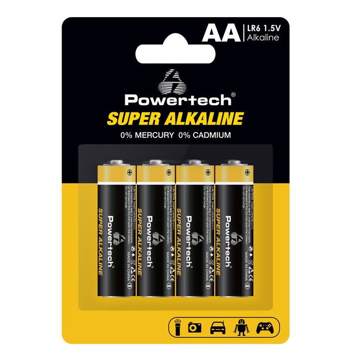 Baterii POWERTECH Super Alkaline AA 1.5V, set de 4 bucati