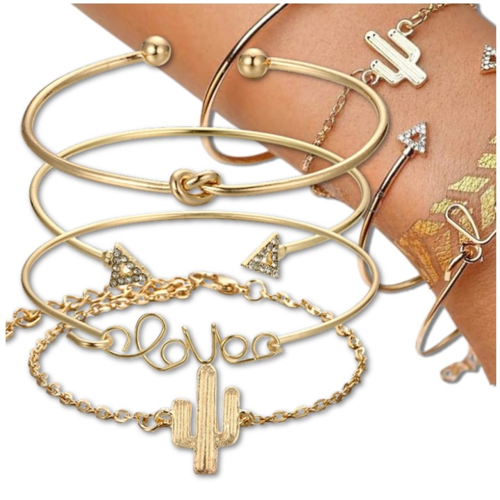 Bratari Dama Aurii - Set Elegant 4 Bucati cu Zirconii - Bratara Lant, Nod, Sageata, Love, Cactus - Diametru Ajustabil 6-7cm, Lungime Lant 18cm+6.5cm - Bijuterii Femei Stilate pentru Ocazii Speciale si Zilnice
