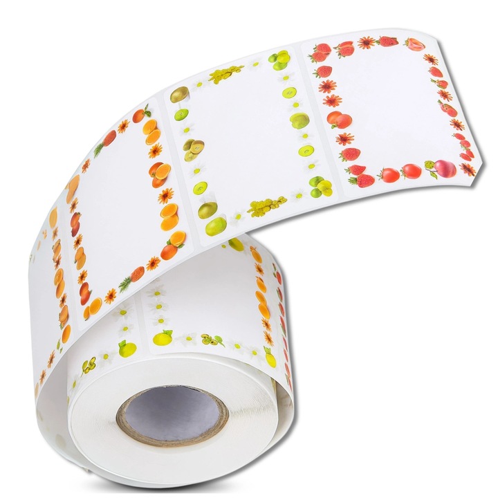 Set Etichete Autoadezive 500 Bucati Fructe si Flori, Design Multicolor Premium, Stickere Decorative Versatile 5x3 cm, Ideale pentru Cadouri, Borcane, Ambalare, Organizare, Produse Handmade, Sigilare Colet si Decoratiuni Unice in Bucatarie